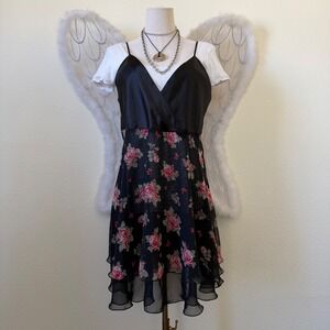 Girly Grunge Black Floral Print Slip Dress Tiered Ruffle Romantic Indie Babydoll